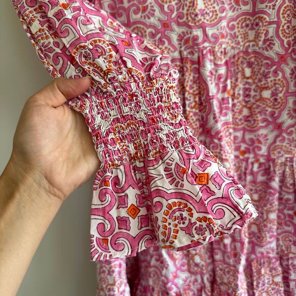 Tuckernuck Beach Block Print Kenzo Long Sleeve Dress Pink Orange M - Picture 7 of 11